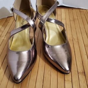 Angel Steps Pewter Gray Patent Leather Criss Cross Heels NIB 7M